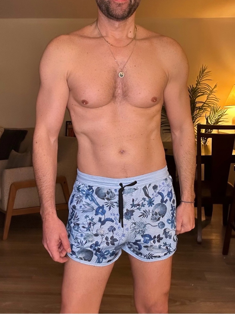 Skull & Bones | Hand Painted Dutch Floral Mesh Shorts in Sky Blue (Small)